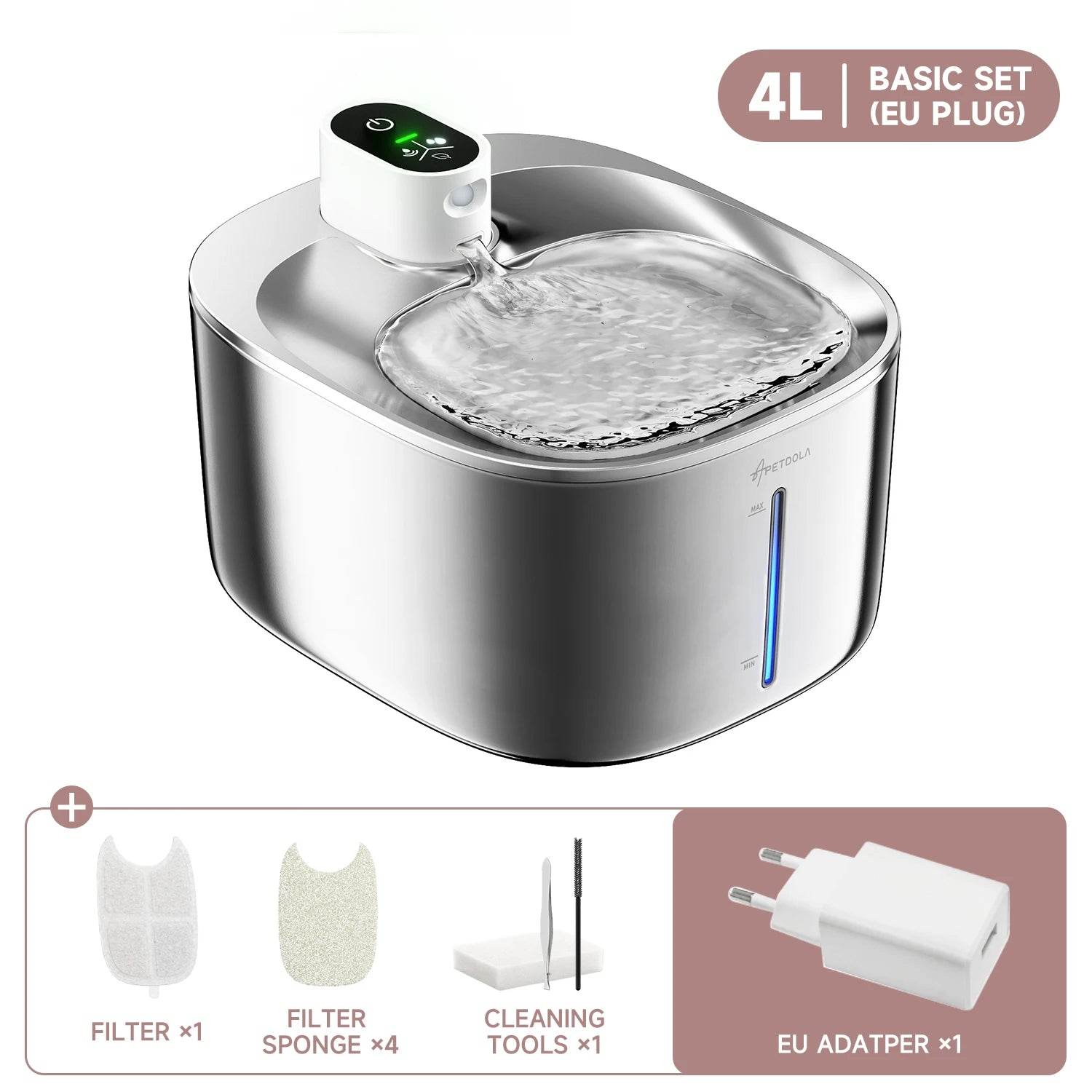 4L Wireless Cat Water Fountain - Auto Sensor Pet Drinking Fountain with Battery | Stainless Steel Cordless Water Dispenser for Dogs & Cats